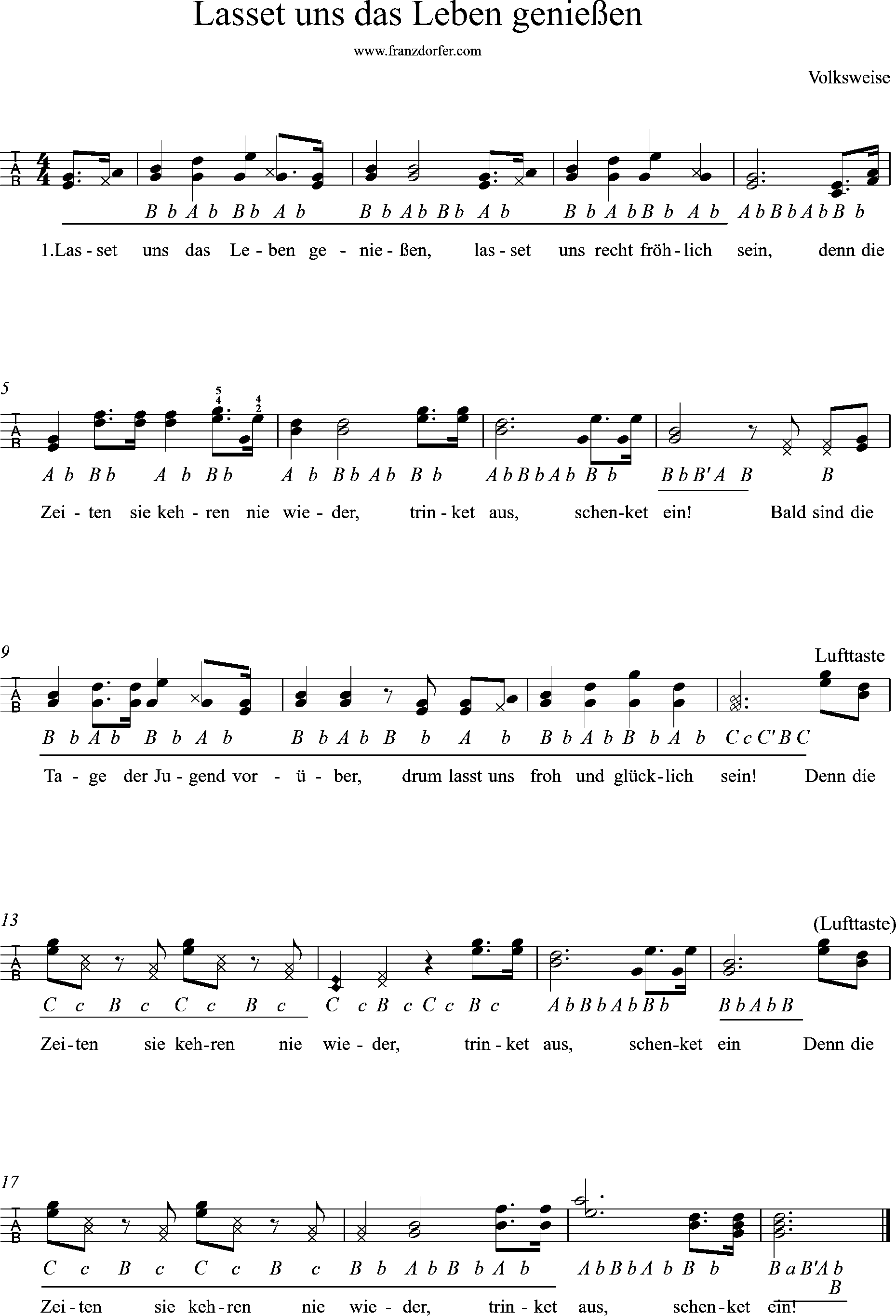 Lasset uns das Leben genießen-Ziachnoten - Griffschrift für Steirische Harmonika
